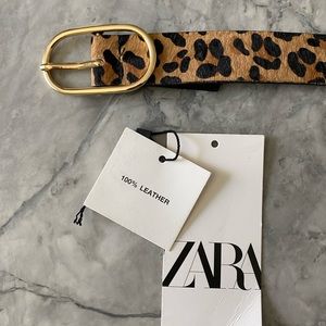 Zara 100% Leather Cheetah Belt with Gold Oval Buckle